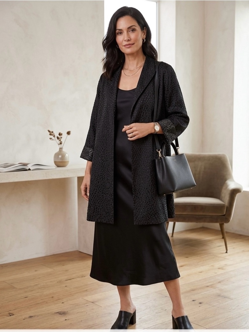Eileen Fisher Black Textured Silk Embroidered Jacket Coat Relaxed Sz XL